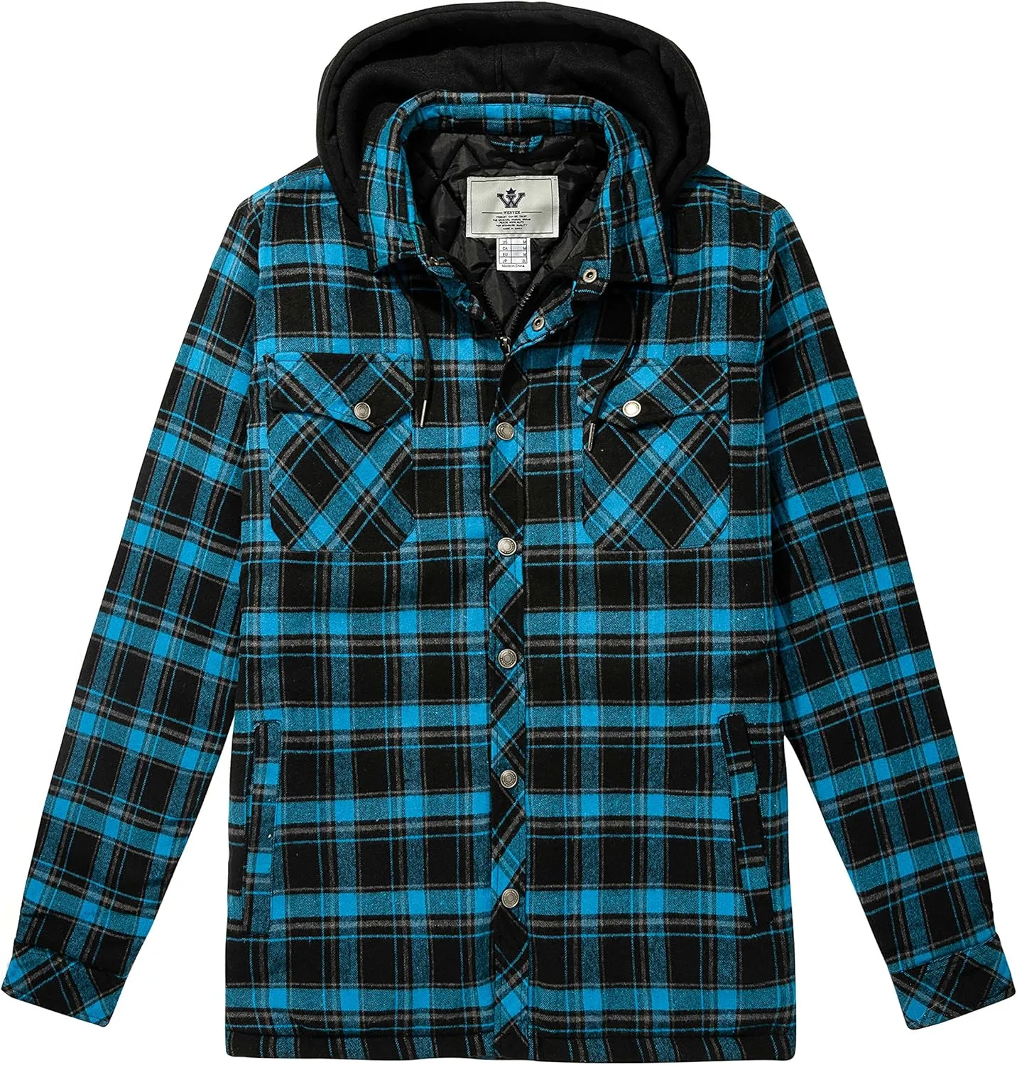 WenVen Men's Thicken Plaid Flannel Quilted Shirts Jacket with Removable Hood