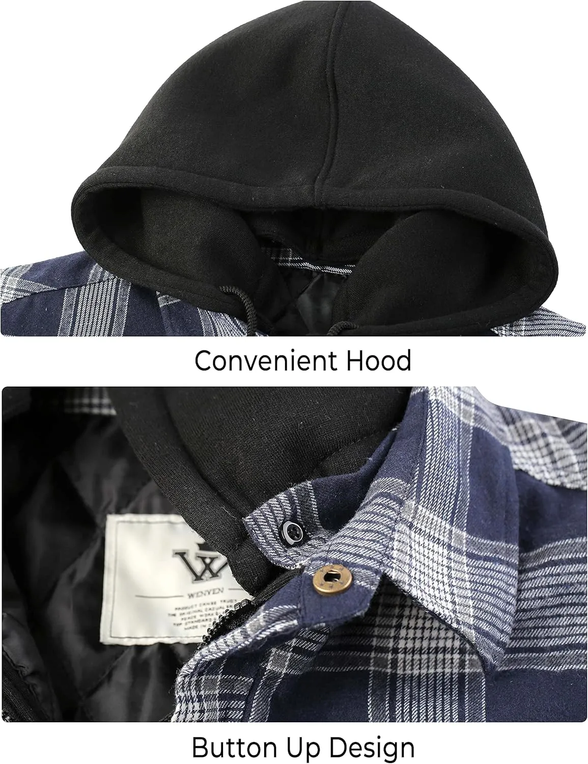WenVen Men's Thicken Plaid Flannel Quilted Shirts Jacket with Removable Hood
