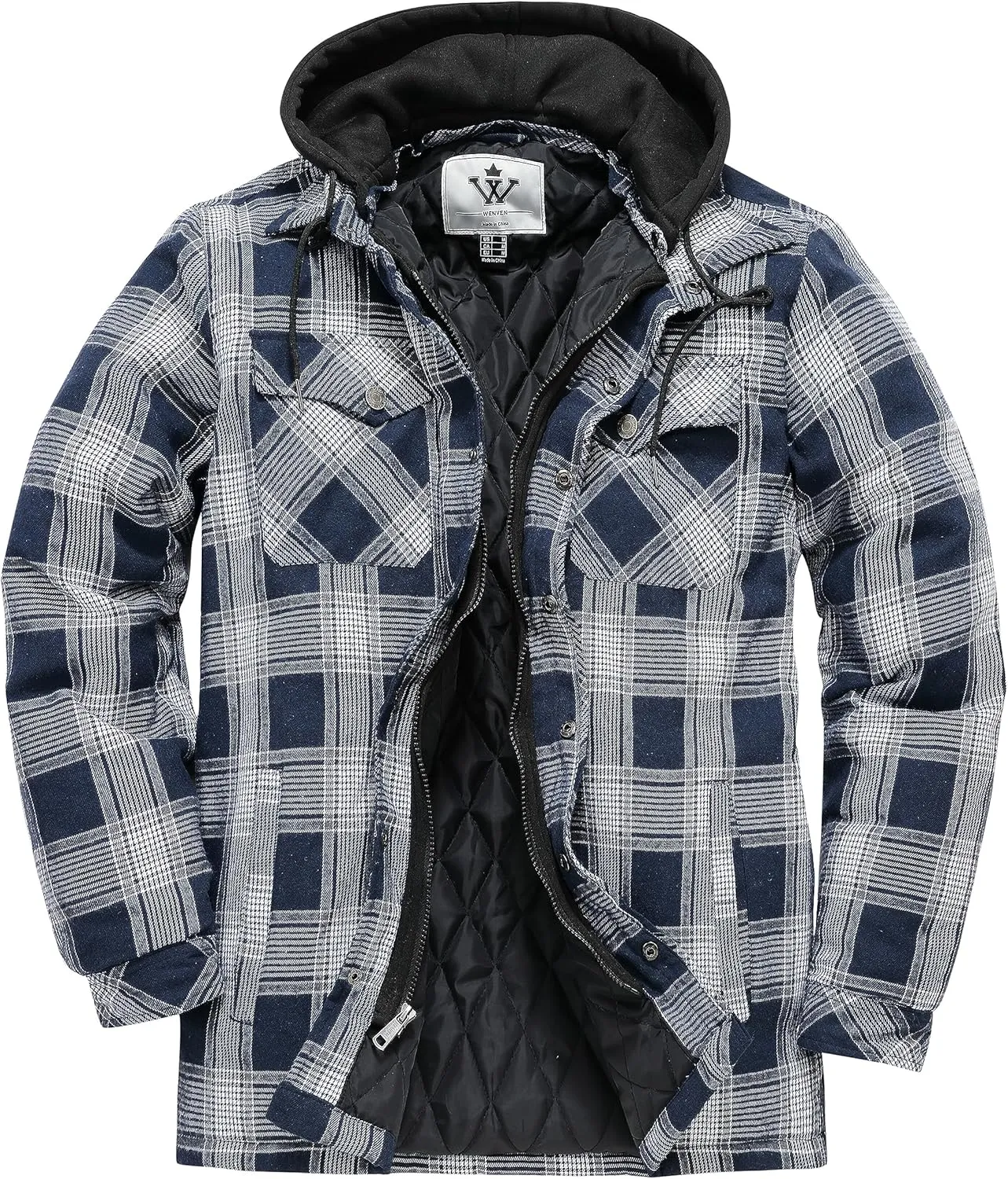 WenVen Men's Thicken Plaid Flannel Quilted Shirts Jacket with Removable Hood