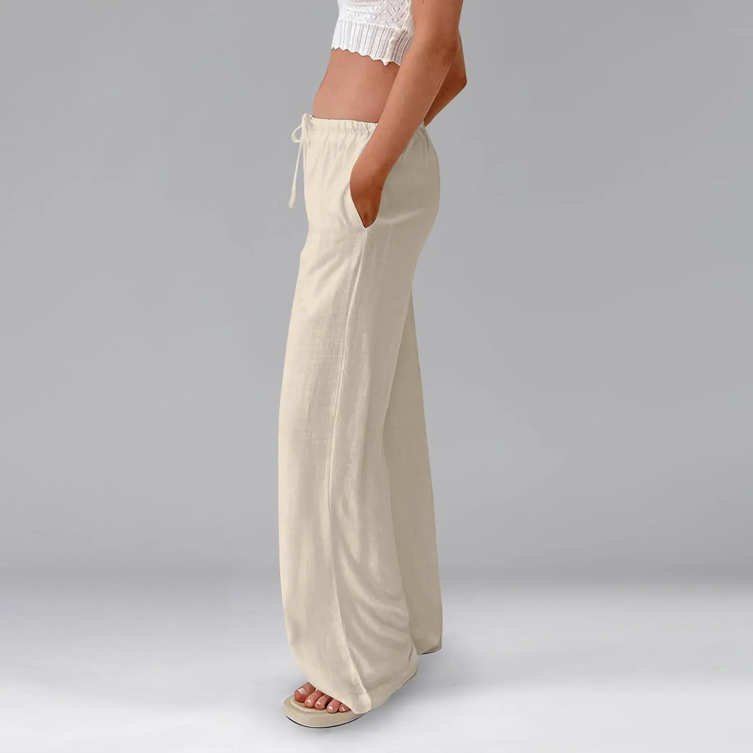 Wide Leg Linen Pants for Women High Waisted Palazzo Pants Casual Summer Trousers Pants Loose Lounge Pants with Pockets