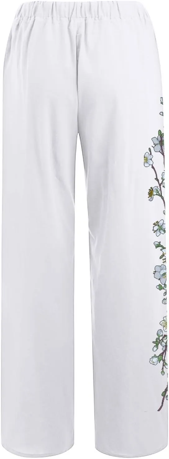 Wide Leg Linen Pants for Women Summer Beach Loose Fit Drawstring Lightweight Cotton Linen Boho Trousers with Pockets