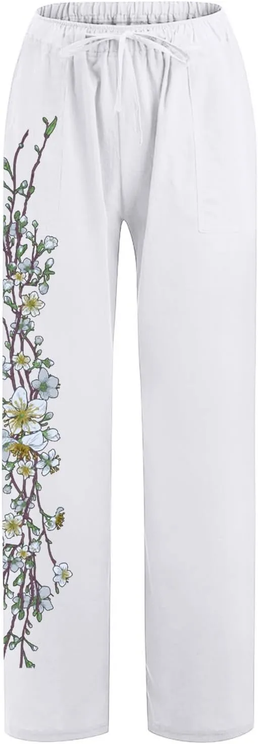 Wide Leg Linen Pants for Women Summer Beach Loose Fit Drawstring Lightweight Cotton Linen Boho Trousers with Pockets