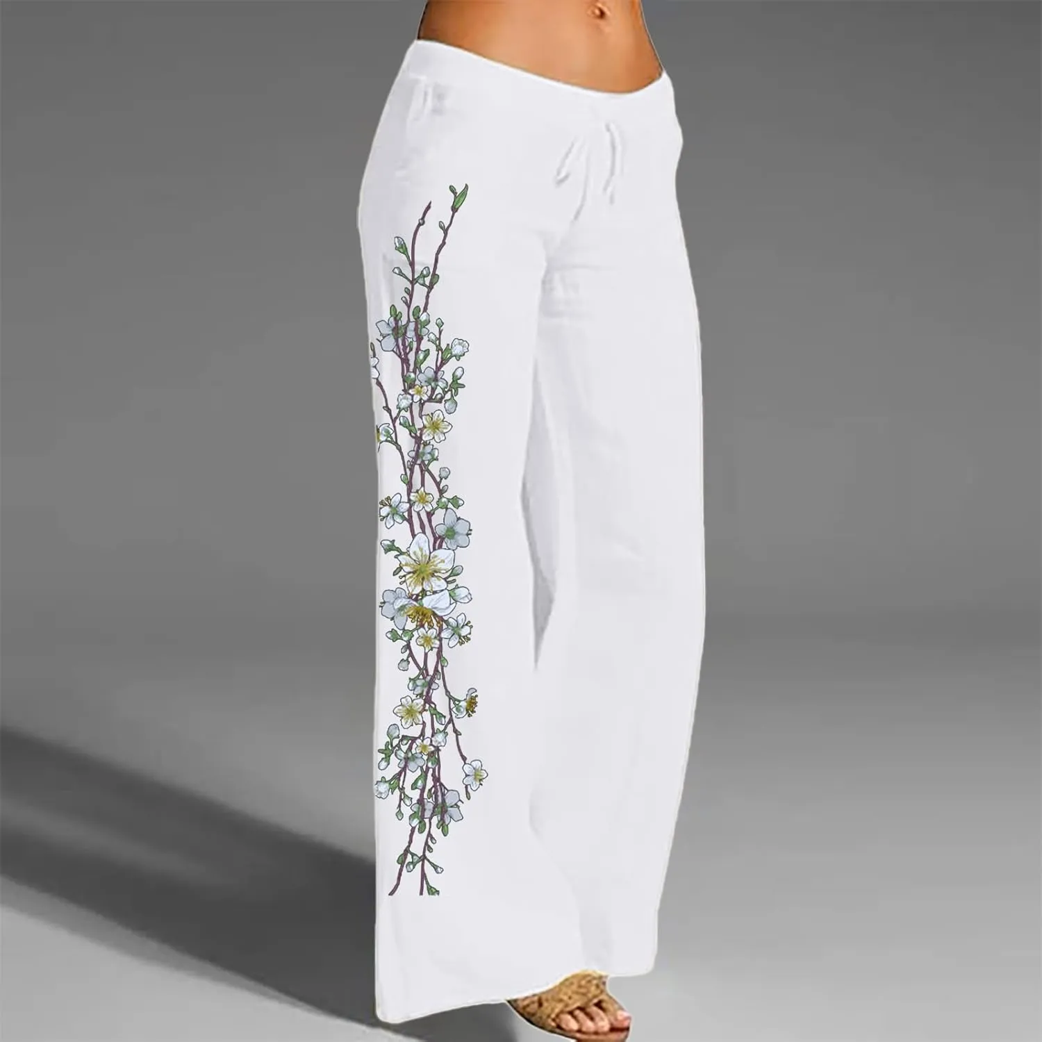 Wide Leg Linen Pants for Women Summer Beach Loose Fit Drawstring Lightweight Cotton Linen Boho Trousers with Pockets