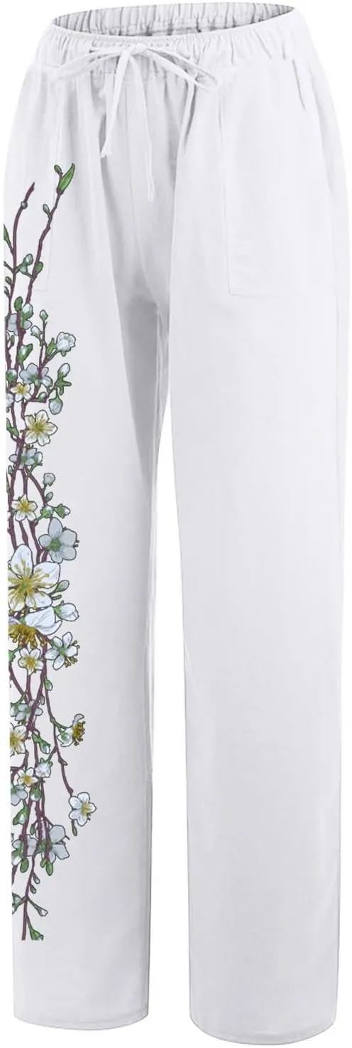 Wide Leg Linen Pants for Women Summer Beach Loose Fit Drawstring Lightweight Cotton Linen Boho Trousers with Pockets
