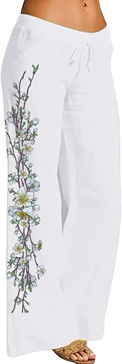 Wide Leg Linen Pants for Women Summer Beach Loose Fit Drawstring Lightweight Cotton Linen Boho Trousers with Pockets