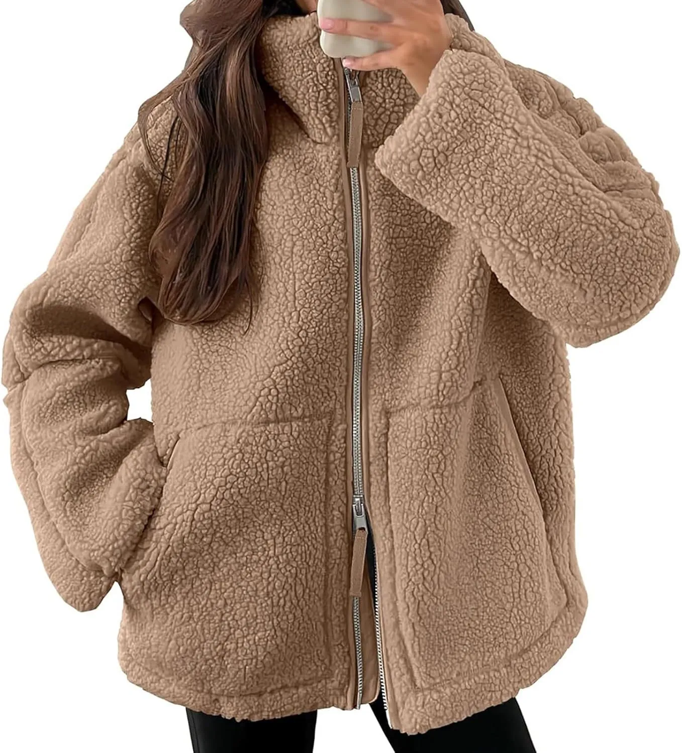 Women Sherpa Fleece Jacket 2024 Fall Winter Trendy Stand Collar Warm Fuzzy Coat Long Sleeve Zip Up Parka with Pockets