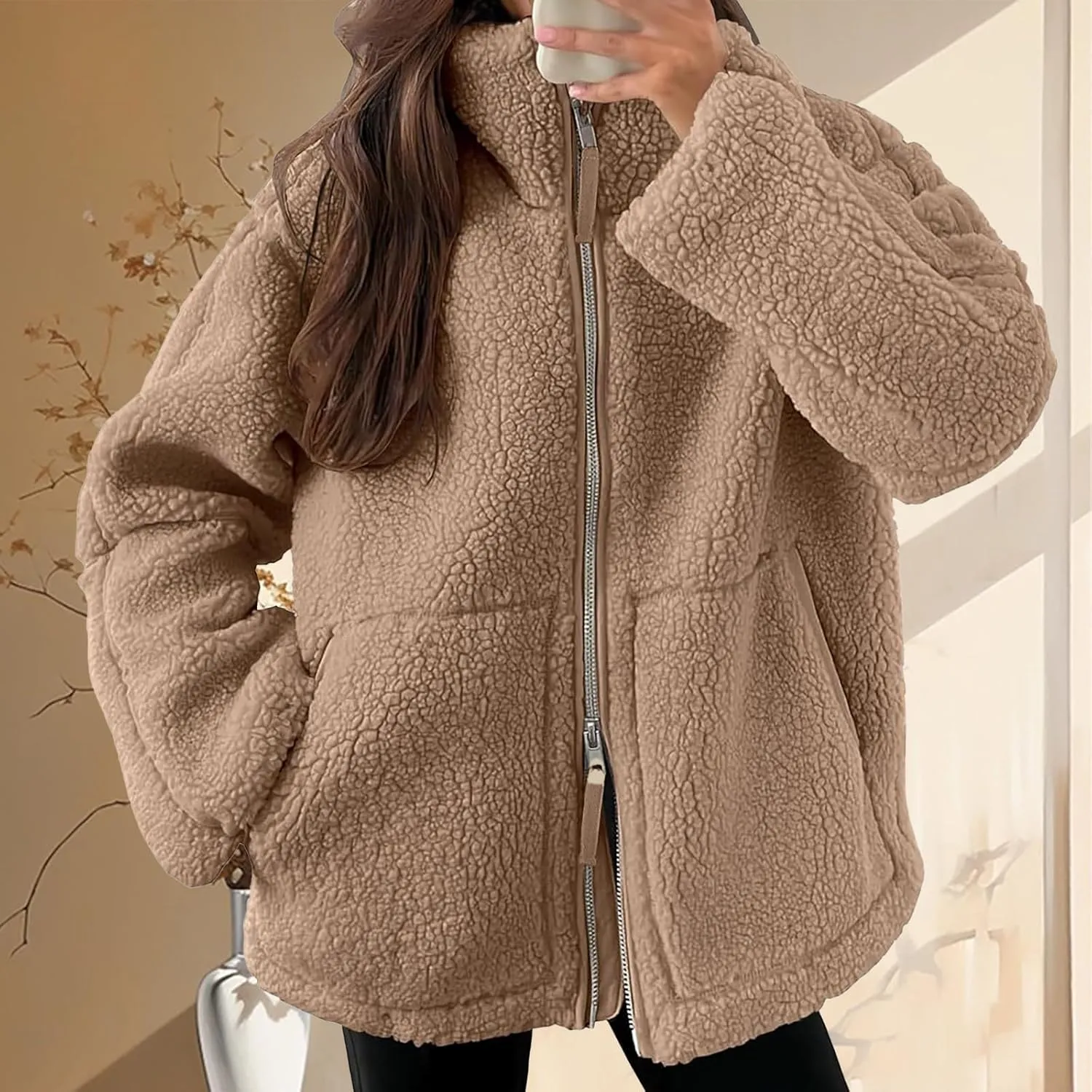 Women Sherpa Fleece Jacket 2024 Fall Winter Trendy Stand Collar Warm Fuzzy Coat Long Sleeve Zip Up Parka with Pockets