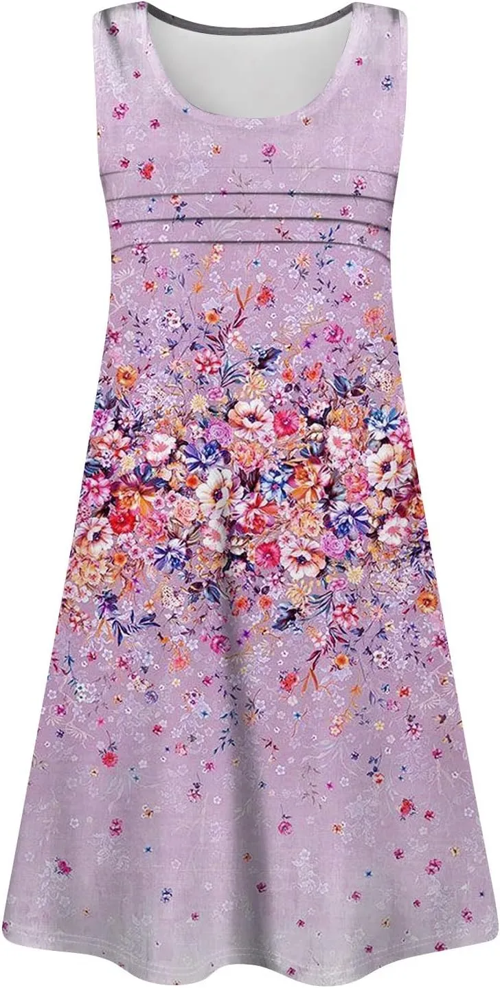Women Summer Dresses Casual Beach Vacation Sundress Slim Striped Ruffle Floral Printed Hawaiian Tank Dress with Pockets
