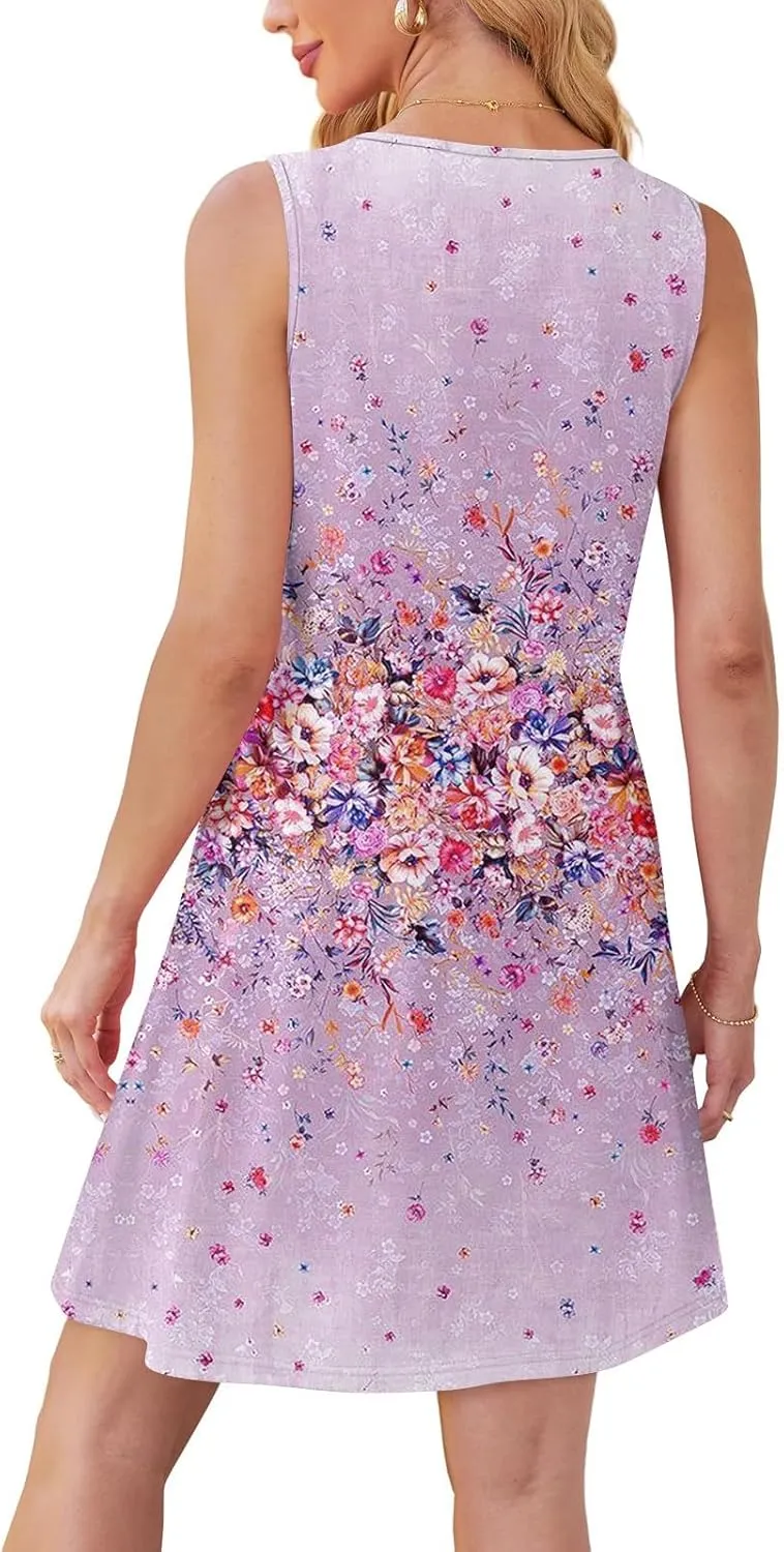 Women Summer Dresses Casual Beach Vacation Sundress Slim Striped Ruffle Floral Printed Hawaiian Tank Dress with Pockets