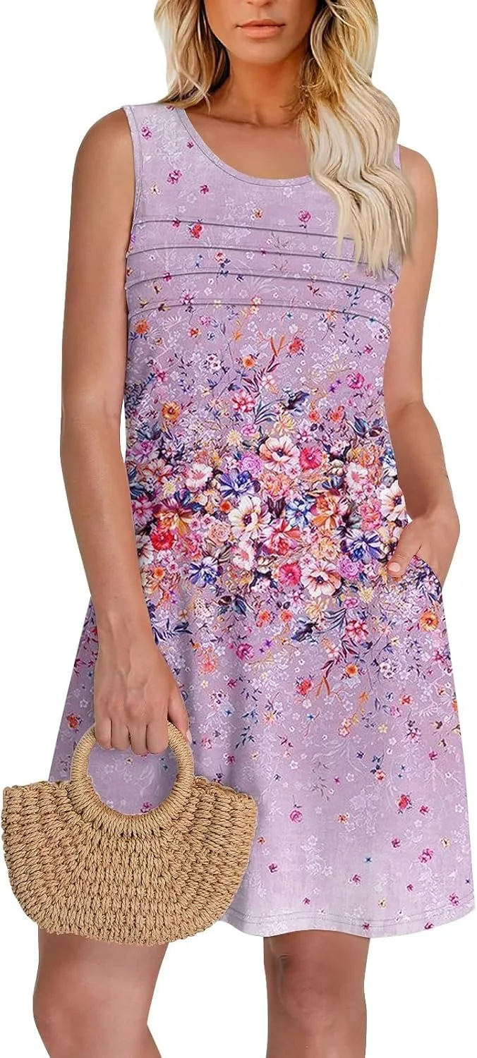 Women Summer Dresses Casual Beach Vacation Sundress Slim Striped Ruffle Floral Printed Hawaiian Tank Dress with Pockets