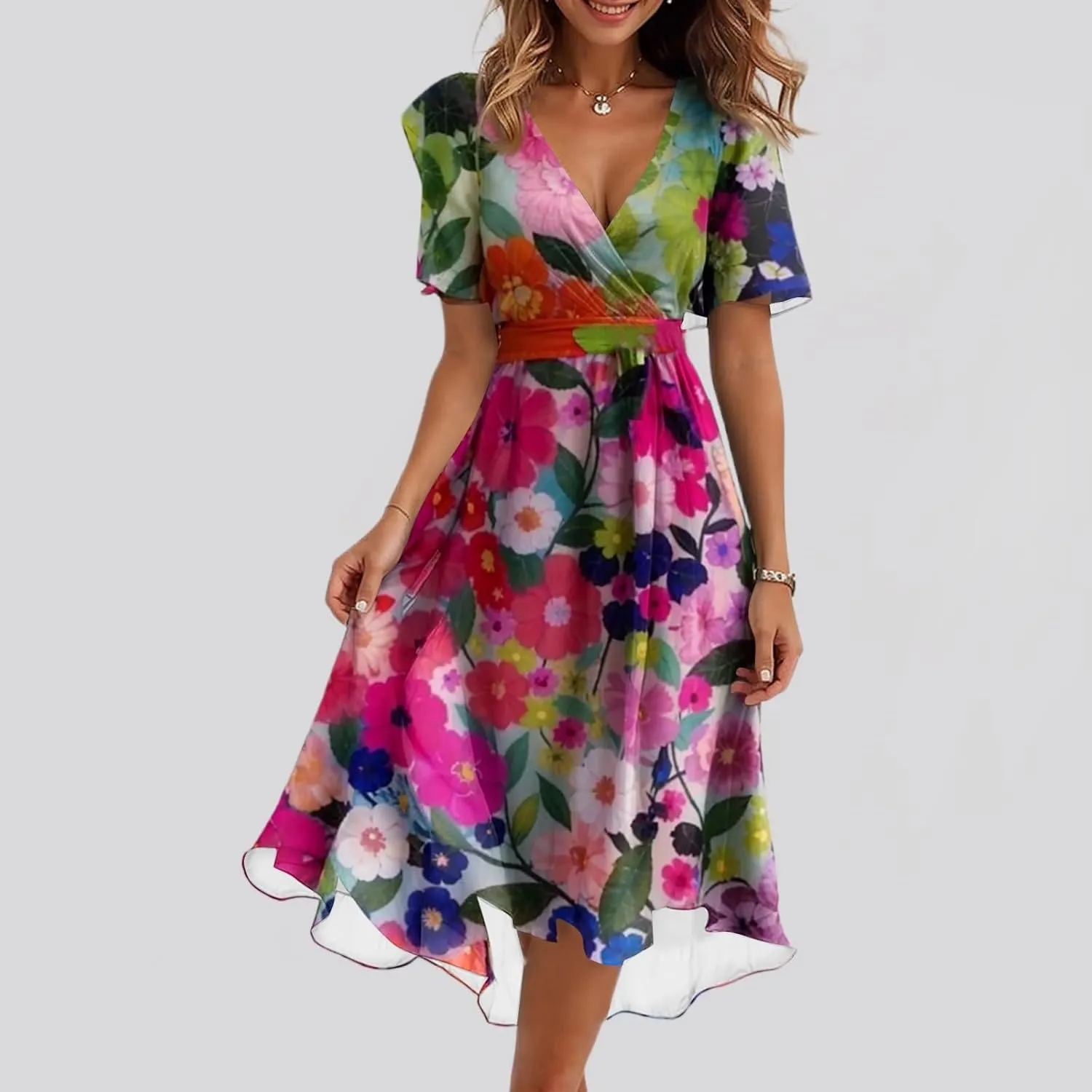 Womens Boho Floral Printed Summer Dresses 2025 Elegant V Neck Belted Summer Wedding Prom Cocktail Midi Dress