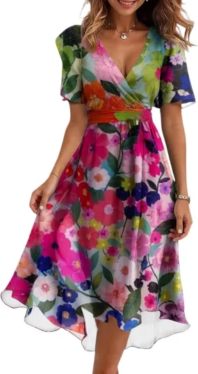 Womens Boho Floral Printed Summer Dresses 2025 Elegant V Neck Belted Summer Wedding Prom Cocktail Midi Dress