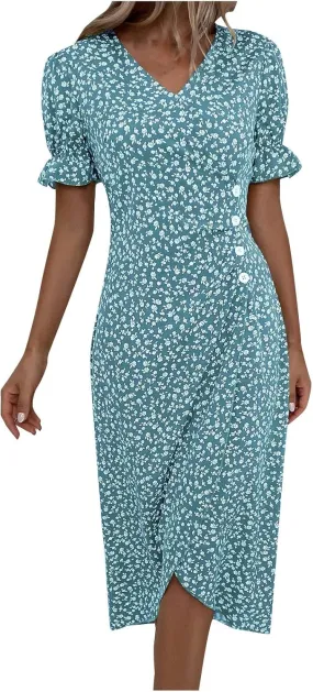 Women's Dresses Floral Printed Boho Dresses Summer Swing V-Neck Short Sleeve Dress Maxi, S-XL