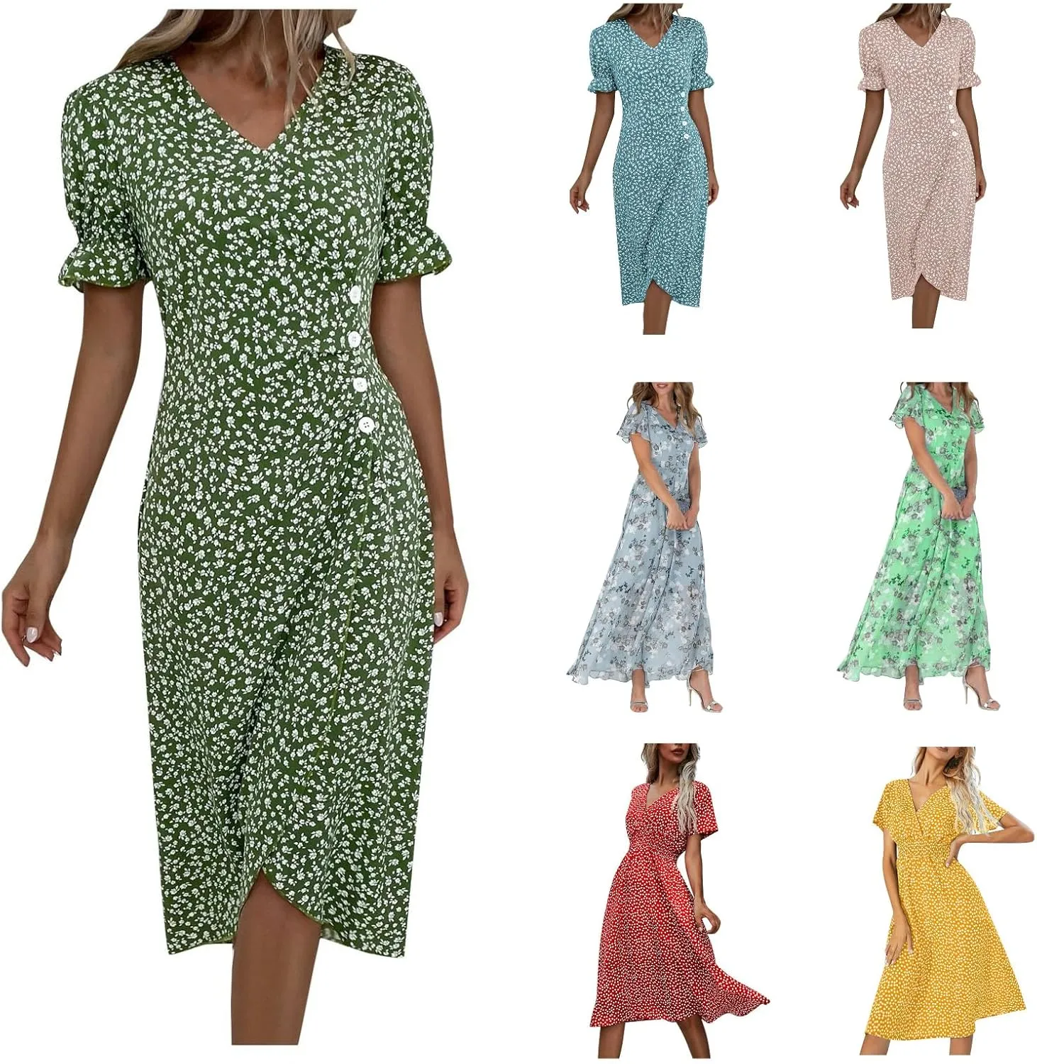 Women's Dresses Floral Printed Boho Dresses Summer Swing V-Neck Short Sleeve Dress Maxi, S-XL