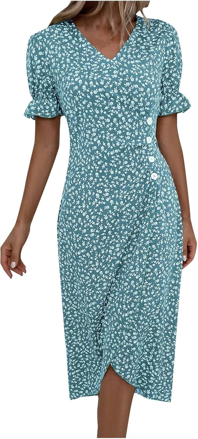 Women's Dresses Floral Printed Boho Dresses Summer Swing V-Neck Short Sleeve Dress Maxi, S-XL
