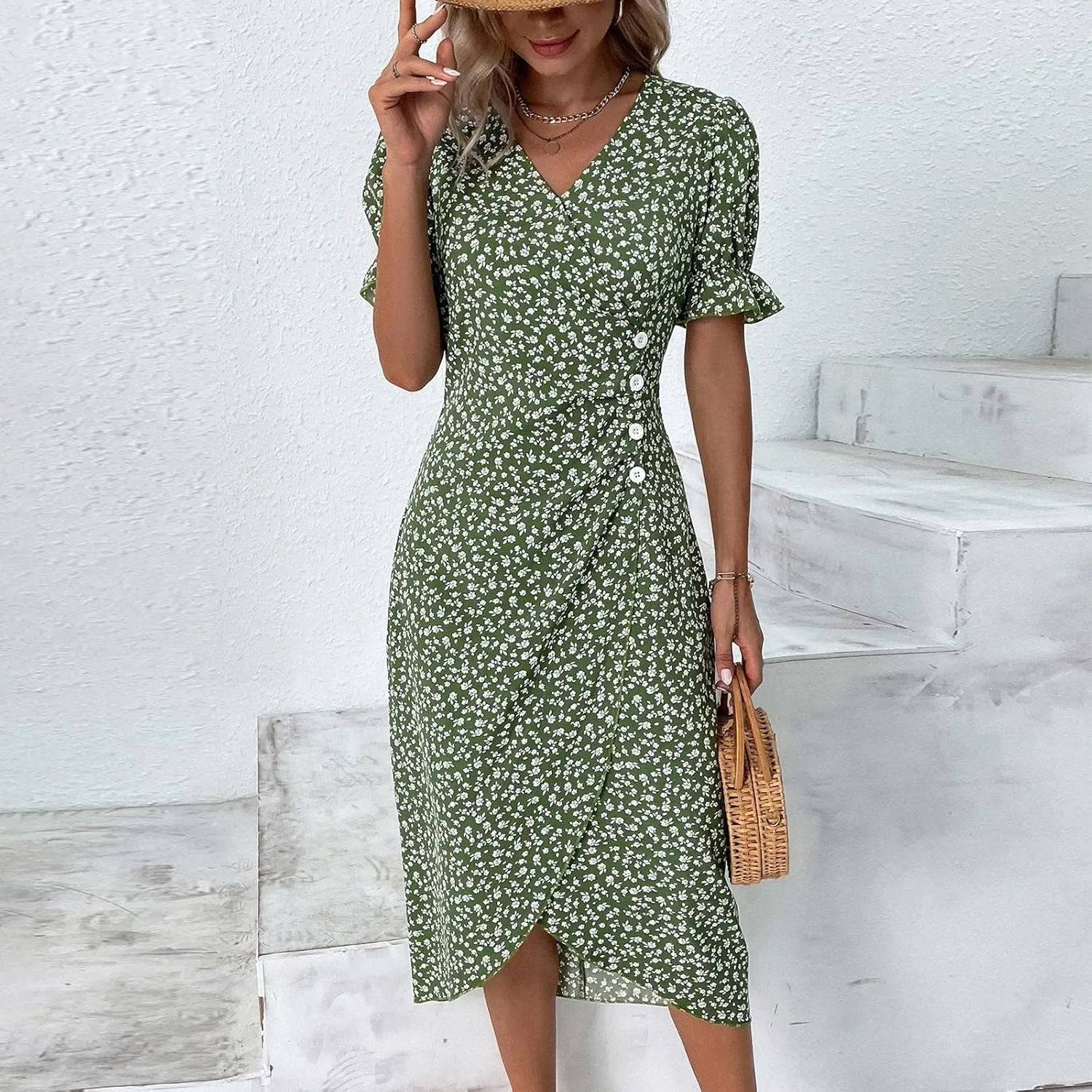 Women's Dresses Floral Printed Boho Dresses Summer Swing V-Neck Short Sleeve Dress Maxi, S-XL