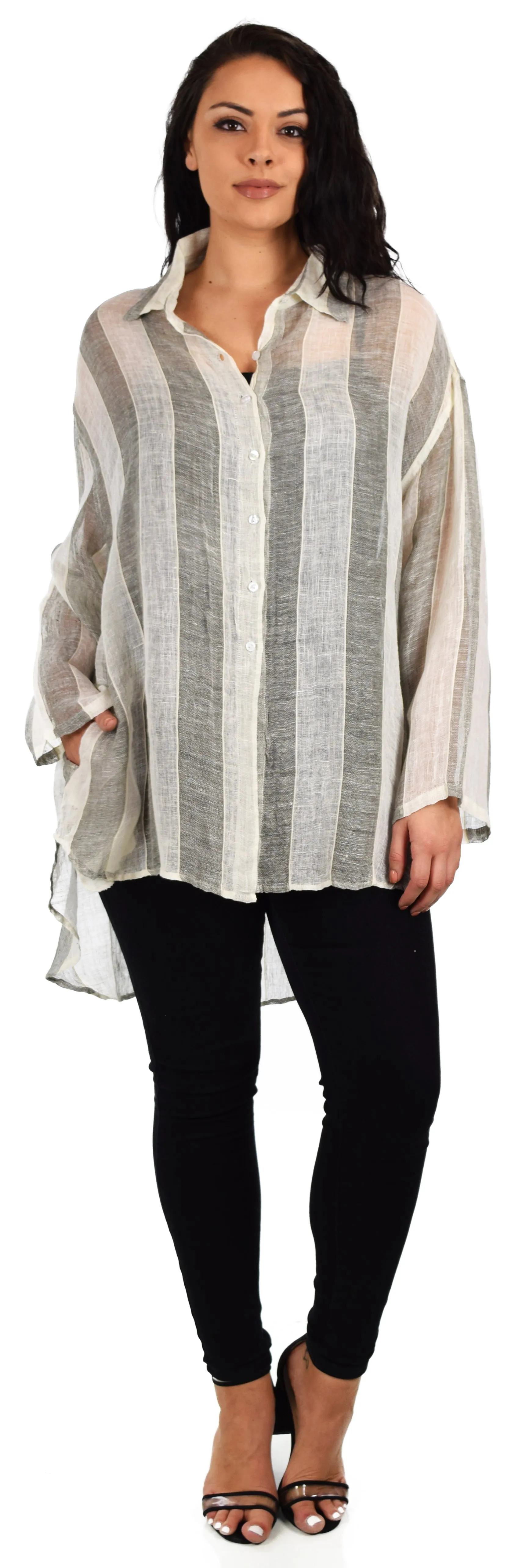 Women's Linen Gauze Blouse,  High Low Button Down Linen Shirt , Semi Sheer Linen Gause Tunic, Regular & Plus Sizes