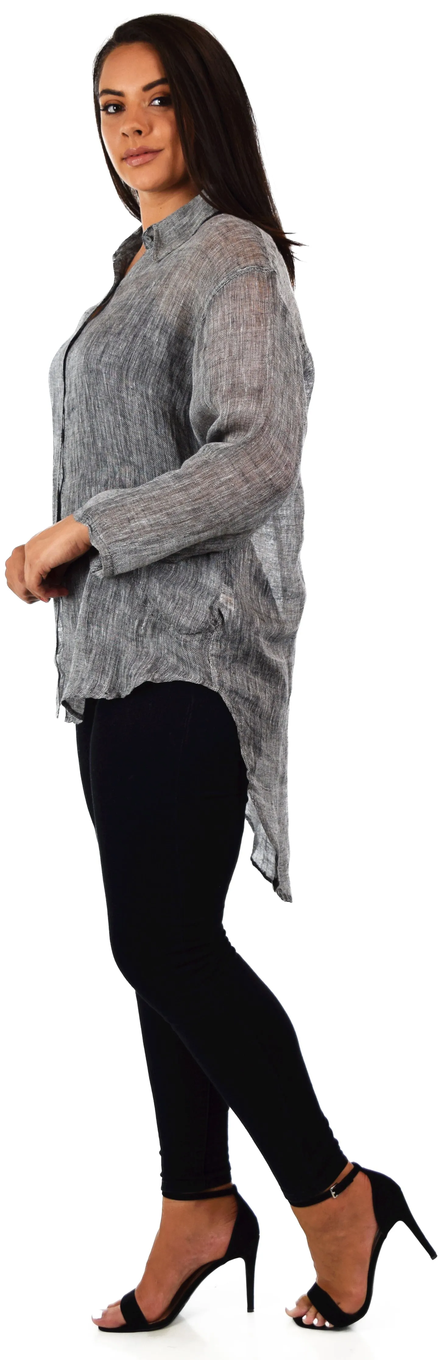 Women's Linen Gauze Blouse,  High Low Button Down Linen Shirt , Semi Sheer Linen Gause Tunic, Regular & Plus Sizes