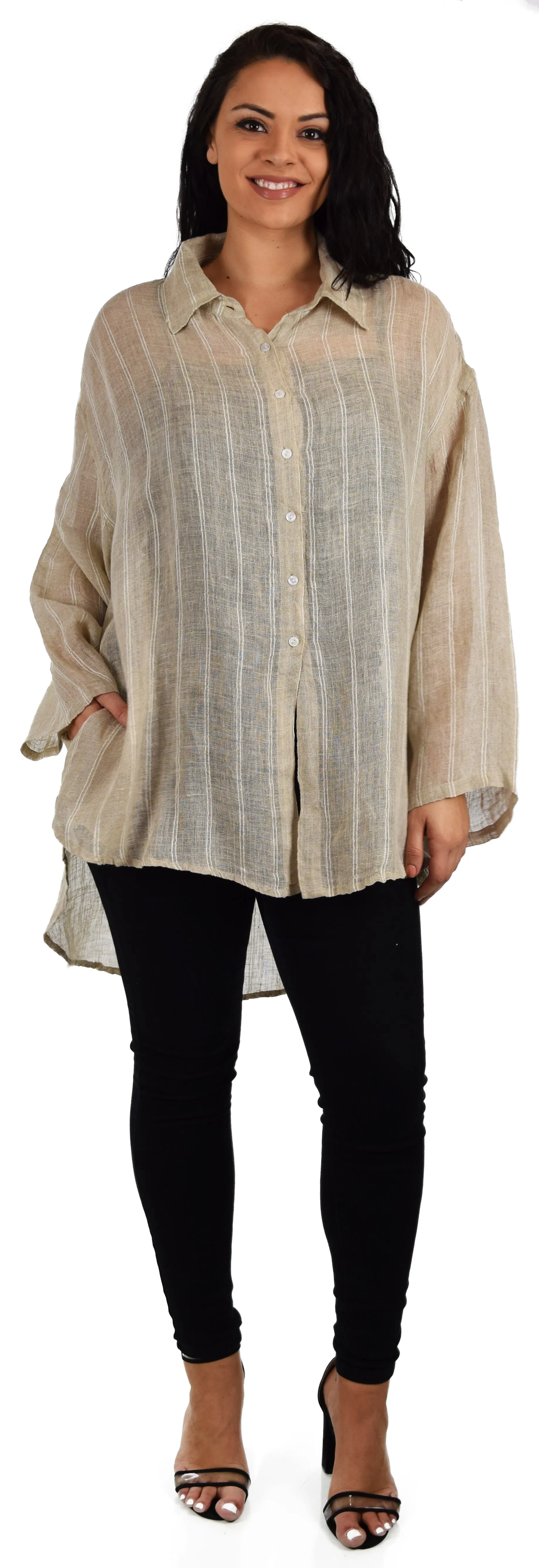 Women's Linen Gauze Blouse,  High Low Button Down Linen Shirt , Semi Sheer Linen Gause Tunic, Regular & Plus Sizes