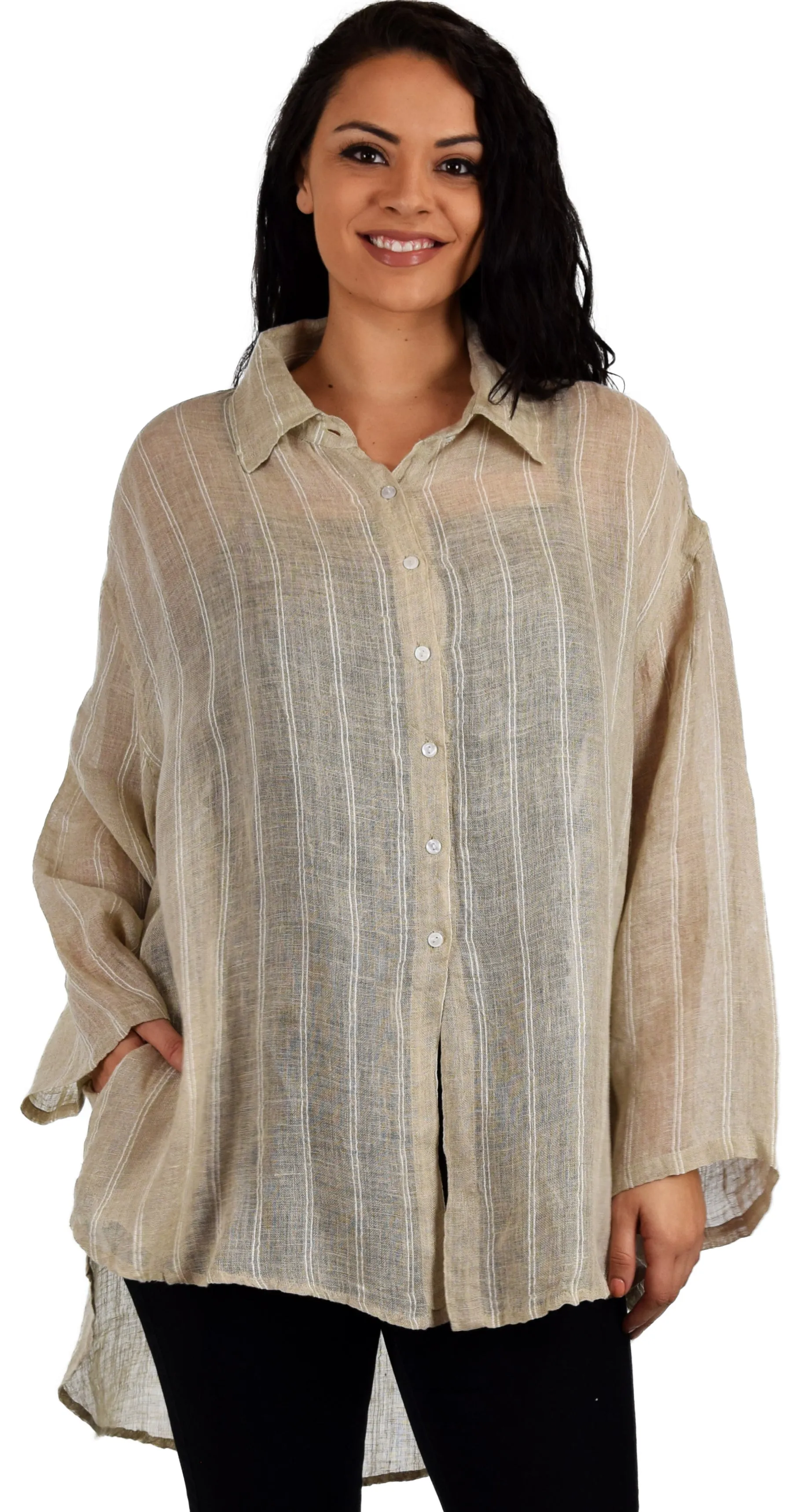 Women's Linen Gauze Blouse,  High Low Button Down Linen Shirt , Semi Sheer Linen Gause Tunic, Regular & Plus Sizes