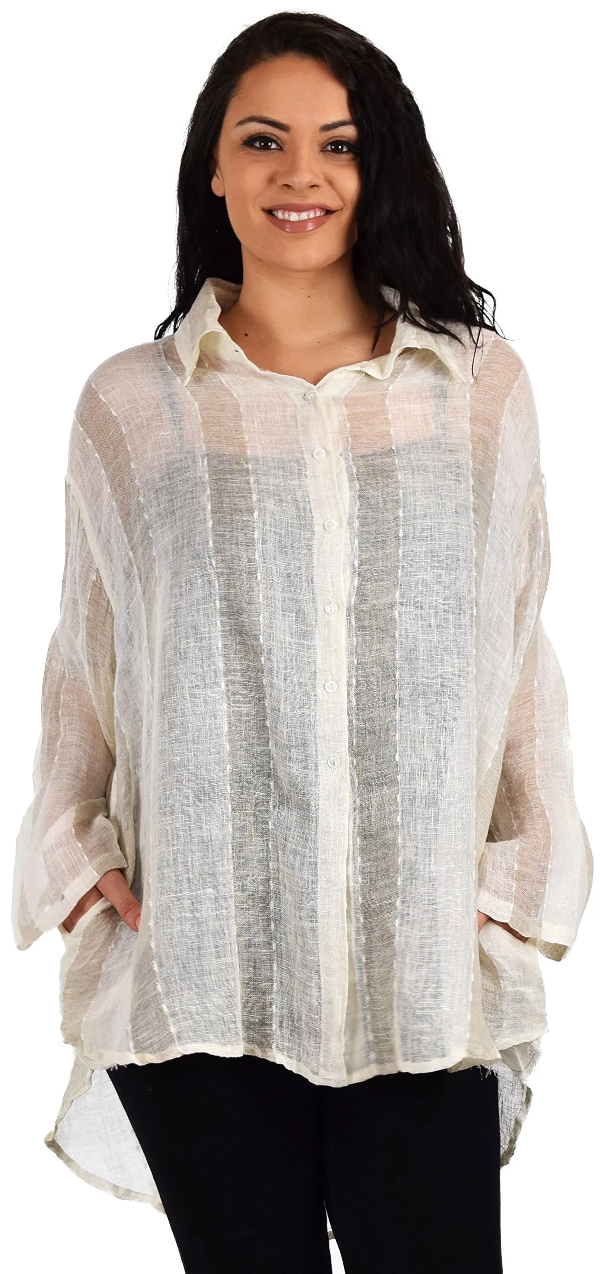 Women's Linen Gauze Blouse,  High Low Button Down Linen Shirt , Semi Sheer Linen Gause Tunic, Regular & Plus Sizes