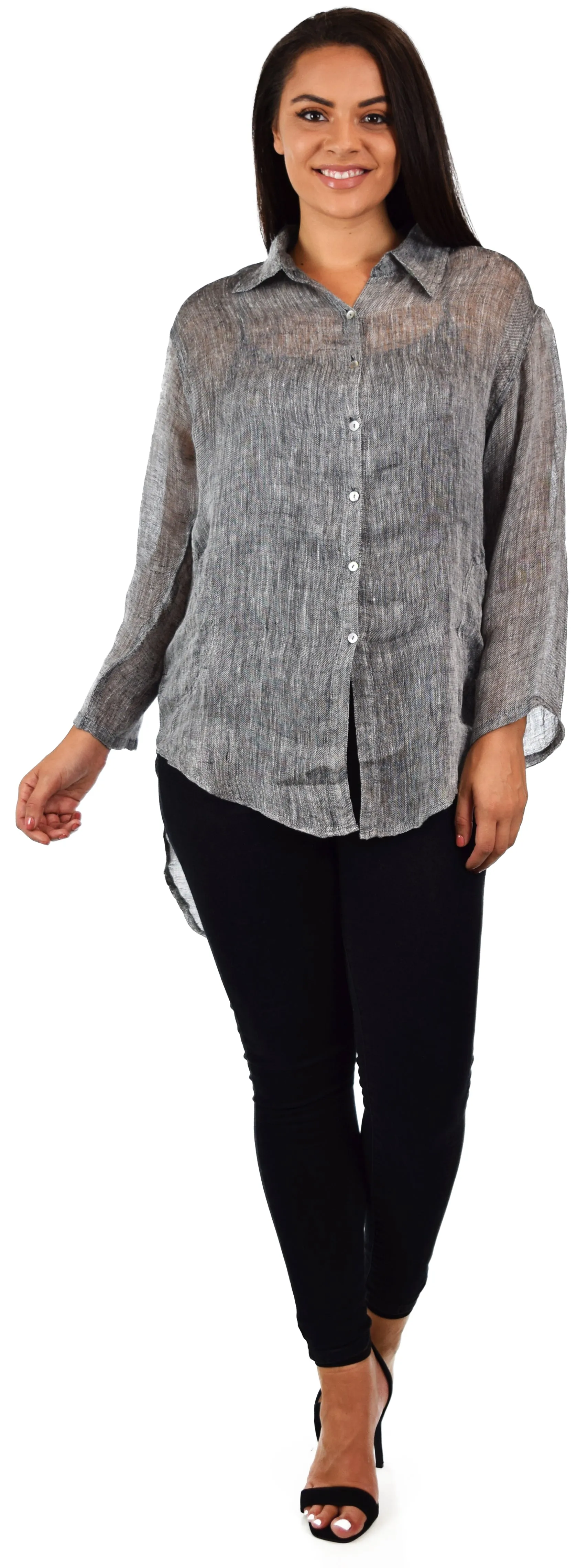 Women's Linen Gauze Blouse,  High Low Button Down Linen Shirt , Semi Sheer Linen Gause Tunic, Regular & Plus Sizes