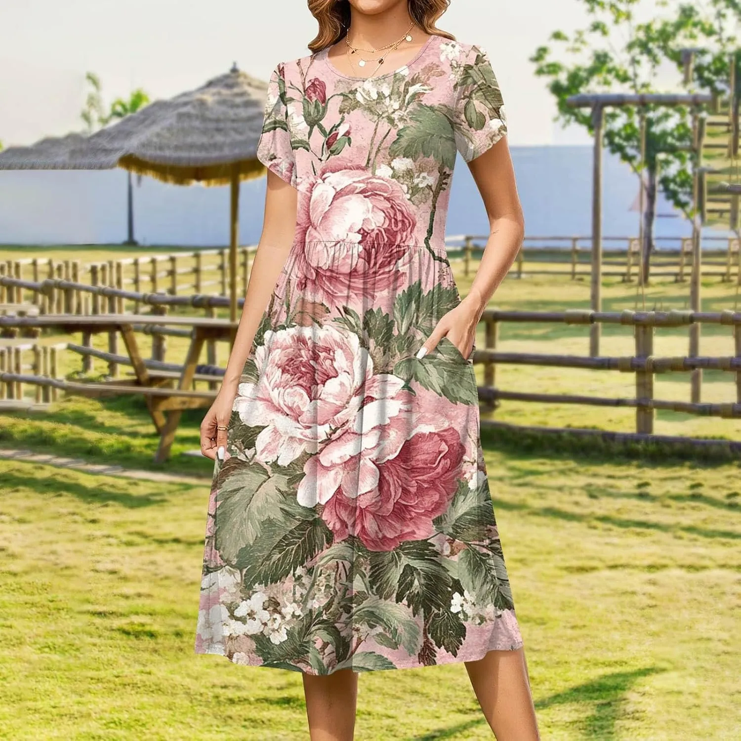 Womens Summer Fashion Dresses Round Neck Flutter Short Sleeve Midi Dress Boho Floral Printed Party Dresses