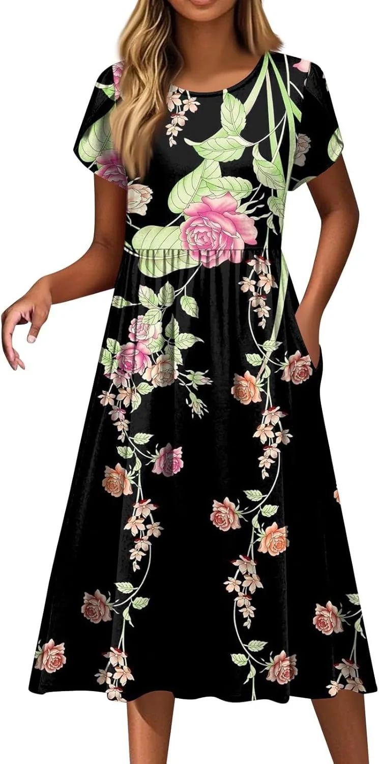 Womens Summer Fashion Dresses Round Neck Flutter Short Sleeve Midi Dress Boho Floral Printed Party Dresses