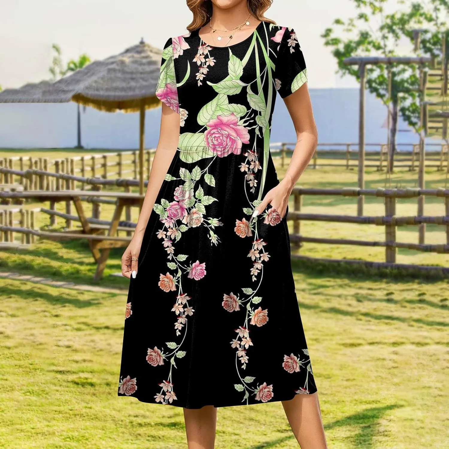 Womens Summer Fashion Dresses Round Neck Flutter Short Sleeve Midi Dress Boho Floral Printed Party Dresses