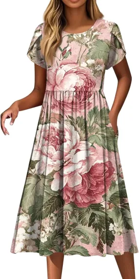 Womens Summer Fashion Dresses Round Neck Flutter Short Sleeve Midi Dress Boho Floral Printed Party Dresses