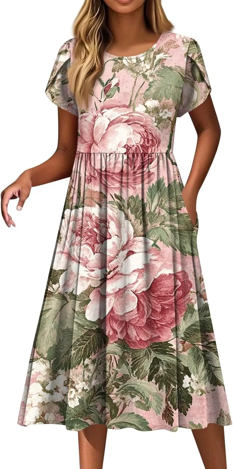Womens Summer Fashion Dresses Round Neck Flutter Short Sleeve Midi Dress Boho Floral Printed Party Dresses