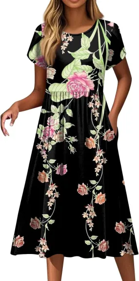 Womens Summer Fashion Dresses Round Neck Flutter Short Sleeve Midi Dress Boho Floral Printed Party Dresses