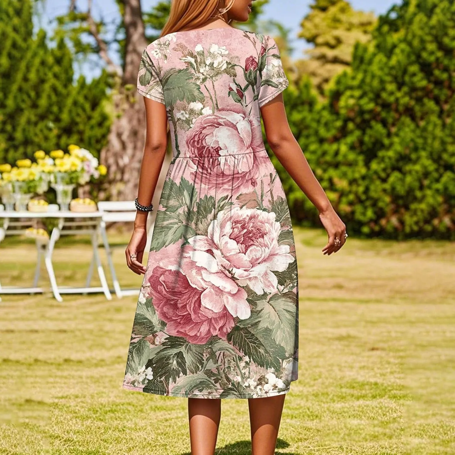 Womens Summer Fashion Dresses Round Neck Flutter Short Sleeve Midi Dress Boho Floral Printed Party Dresses