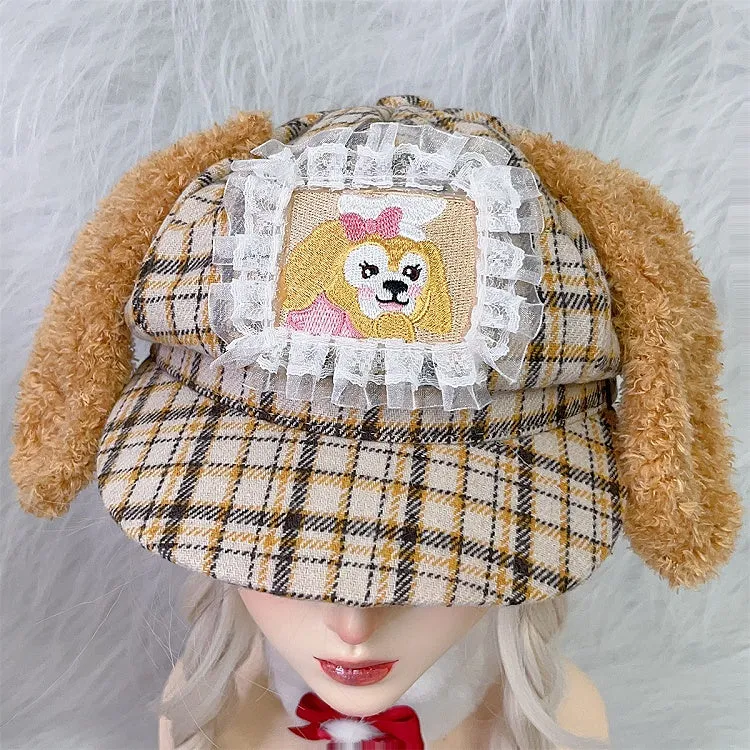 Yellow Plaid Pattern Puppy Plush Ears Adjustable Beret
