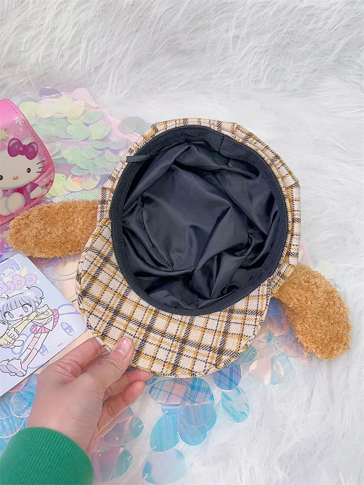 Yellow Plaid Pattern Puppy Plush Ears Adjustable Beret