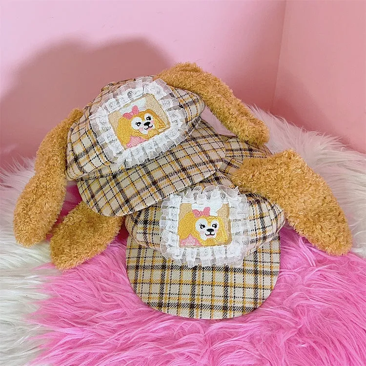 Yellow Plaid Pattern Puppy Plush Ears Adjustable Beret