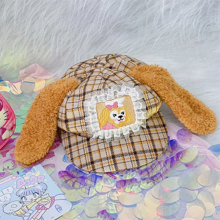 Yellow Plaid Pattern Puppy Plush Ears Adjustable Beret