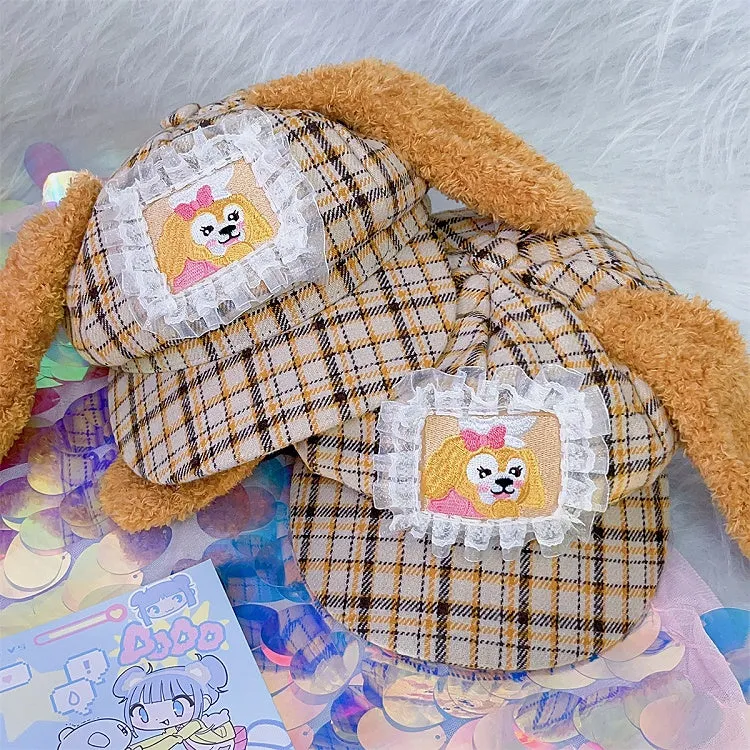 Yellow Plaid Pattern Puppy Plush Ears Adjustable Beret